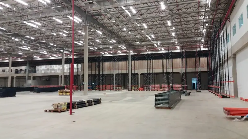 CD Baxter em Cabreúva/SP: interior do galpão com porta-paletes em montagem